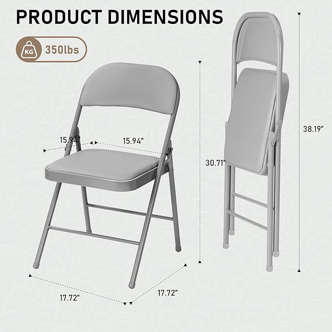 SEALAMB 10 Pack Grey Folding Chairs with Padded Seats & Cushion, Durable Metal Foldable Chairs for Wedding Party, Commercial Chairs for Office School Church Events, 330lb Capacity (Grey-PU, 10 Pack)