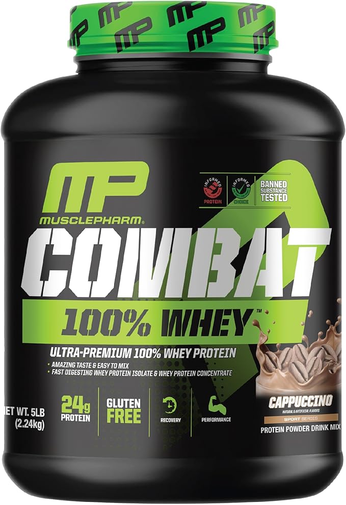 MusclePharm Combat 100% Whey Protein Powder, Cappuccino Flavor, Fast Recovery & Muscle Gain with Whey Protein Isolate, High Protein Powder for Women & Men, Gluten Free, 5 lb, 70 Servings