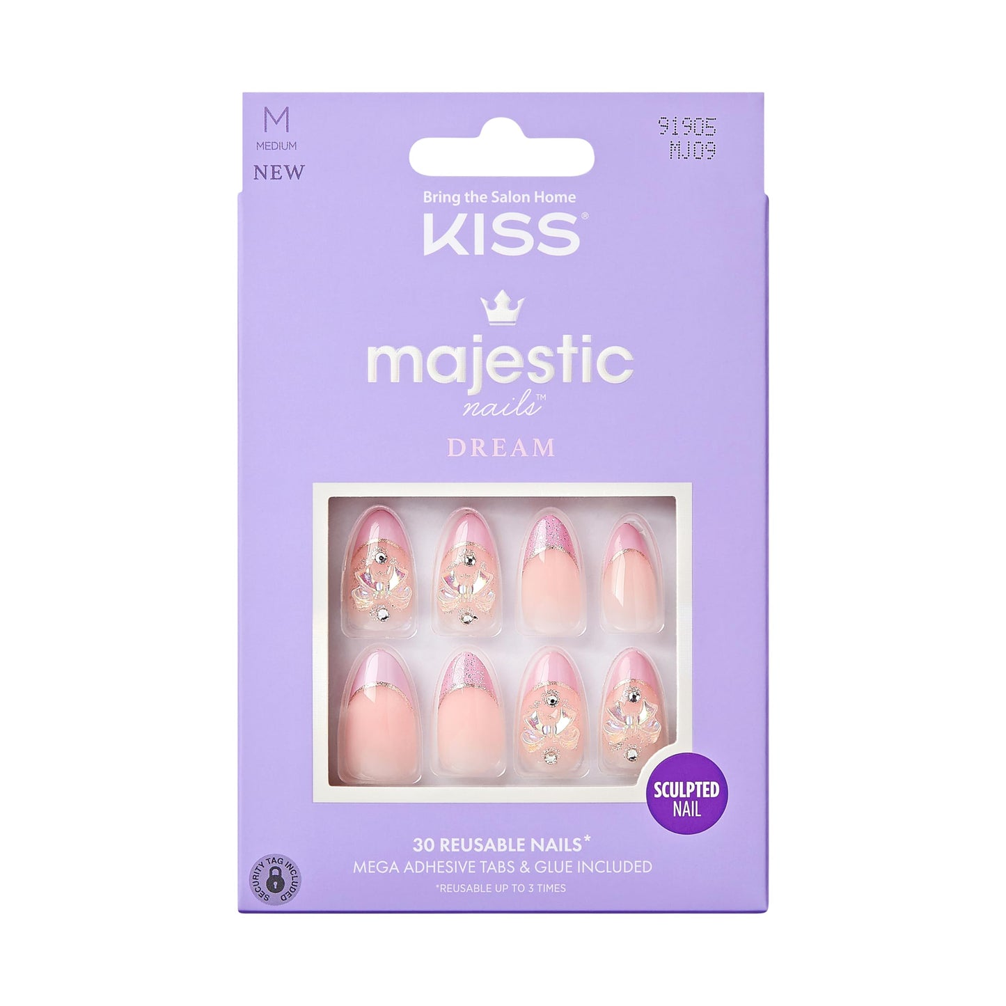 KISS Majestic, Press-On Nails, Nail 2G Glue included, 'Maestro', Light Pink, Medium Size, Almond Shape, Includes 30 Nails, 2 Manicure Stick, 1 Mini File, 2 Prep Pad, 2 Adhesive Tabs, Instruction Sheet