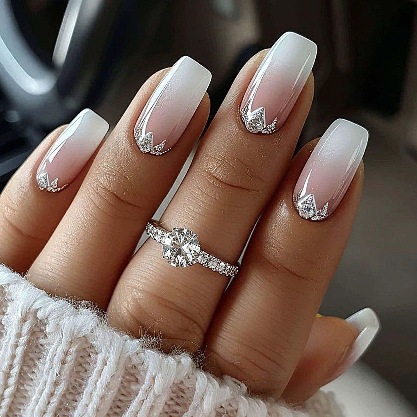 QQPPOLIU 24pcs Short Press-on Nails Square False Nails with Geometric Design, Glitter Gradient Artificial Nails
