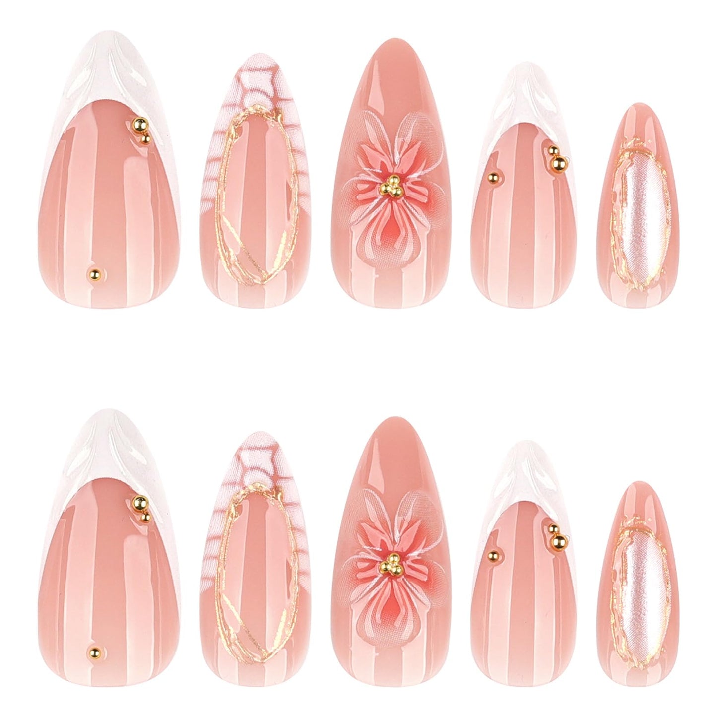 Long Almond Press on Nails Nude Pink 3D Flower Fake Nails Golden Lines Stick on Nails Crocodile Pattern False Nails for Women DIY 24Pcs