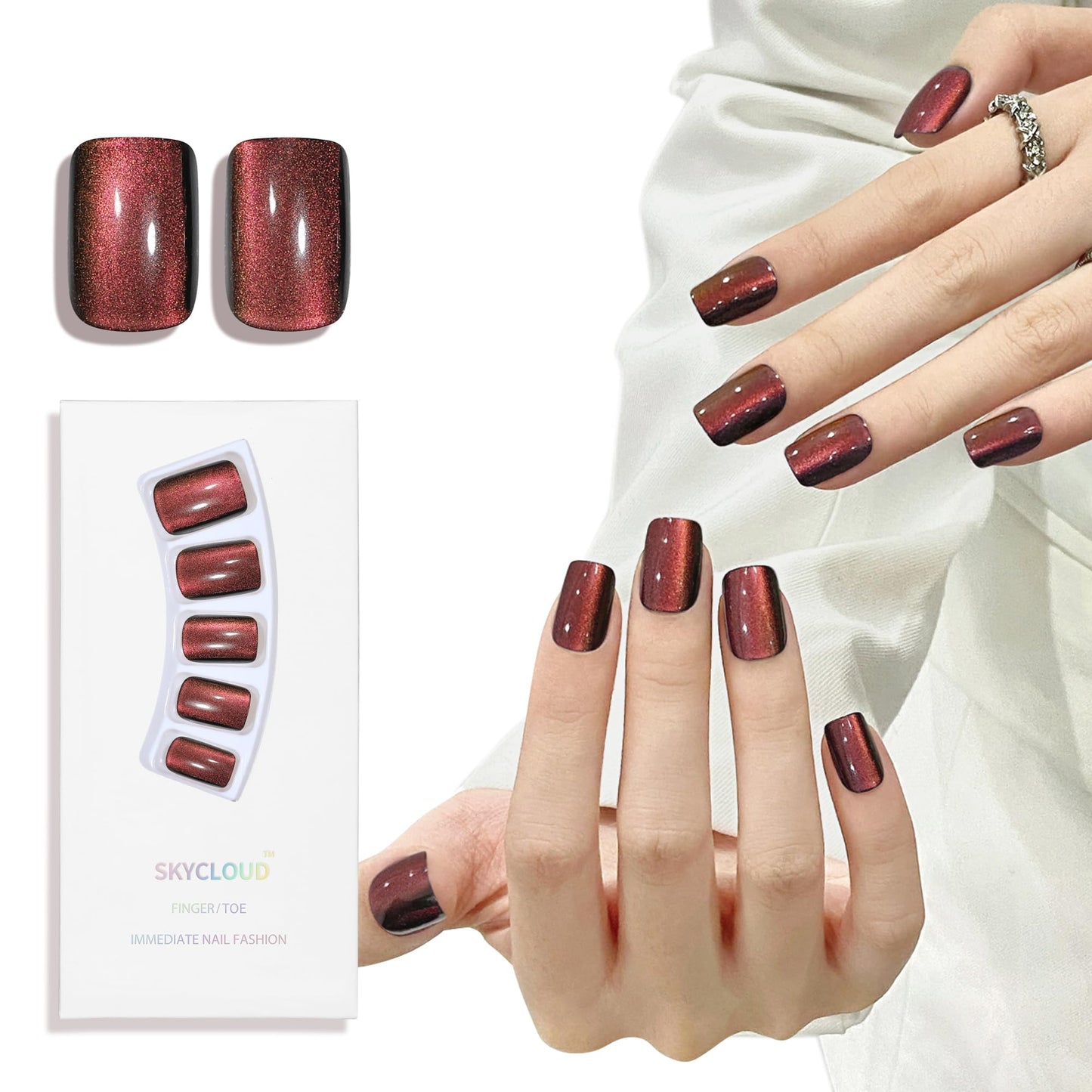 Brown Red Cat Eyes Press On Nails,12 Sizes-24 Pcs Soft Gel Brown Red Medium Square Fake Nails Kit with Nail Glue, Natural Reusable Stick On False Nails for Women and Girls (Skycloud Nails) SK0927