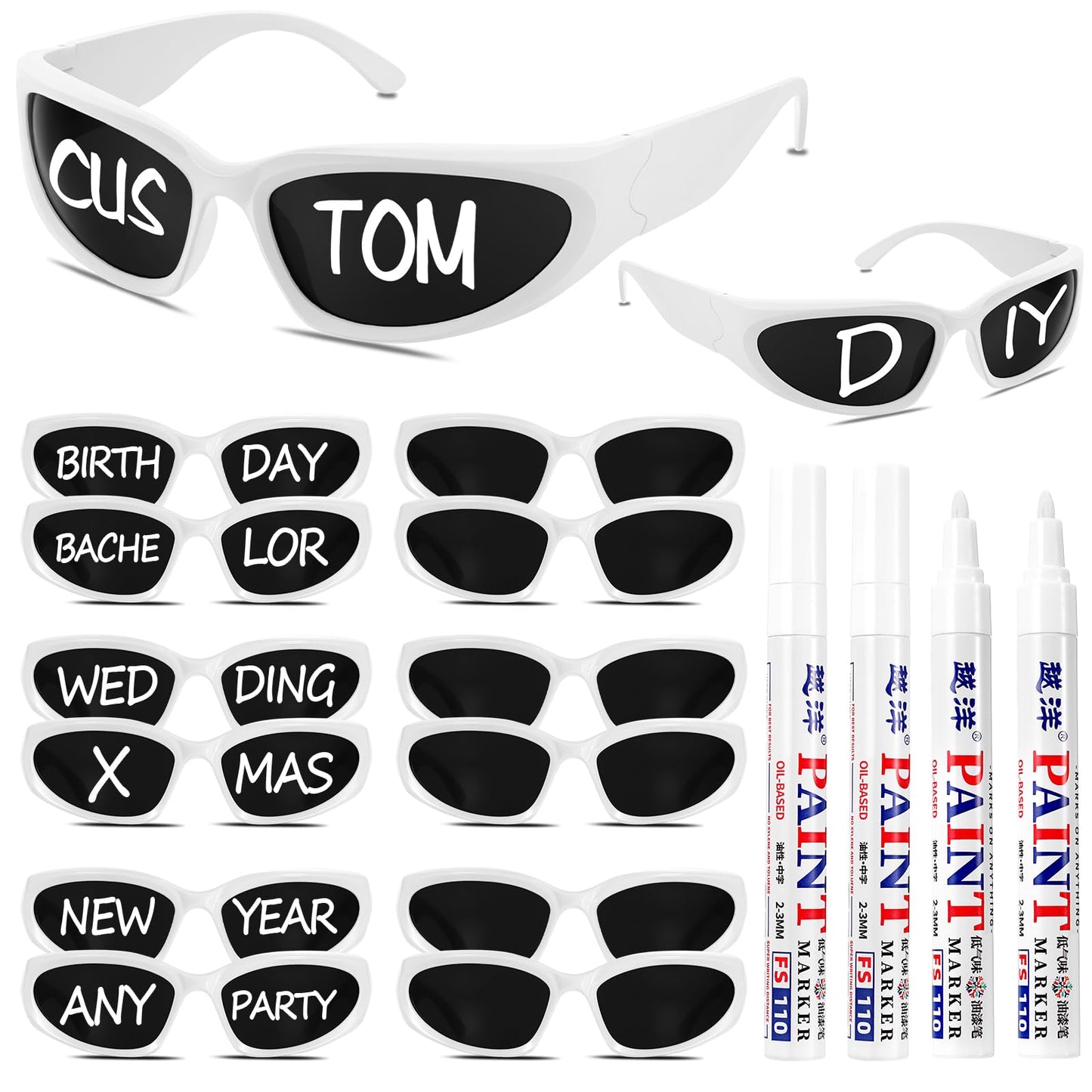 Flutesan 12 Pcs Personalized Y2k Wrap Around Sunglasses with 4 Marker for Adult DIY Rapper Glasses Costume Accessories(16 Pcs, White)