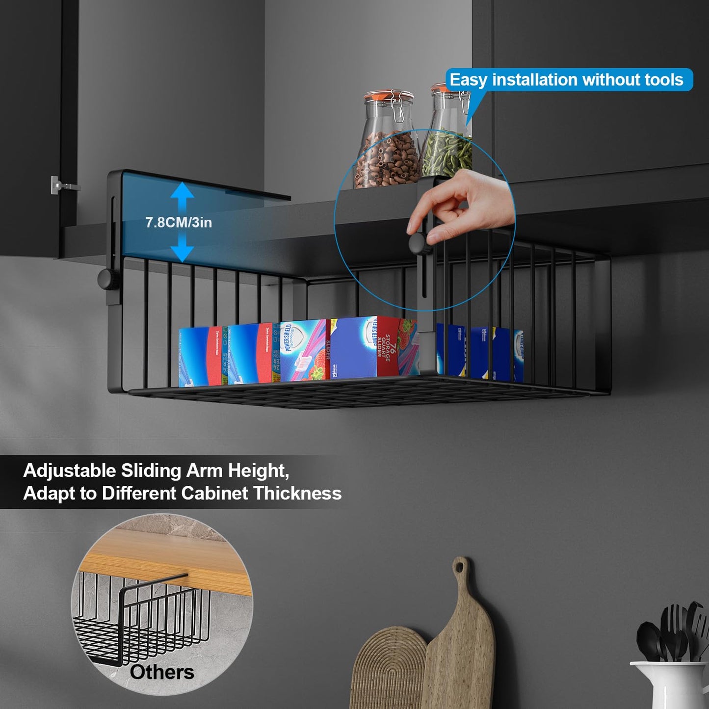 AmonHouseware 2Pack Under Shelf Basket Organizer,Adjustable Hanging Holder Storage for Cabinet Pantry Kitchen Cupboard Desk Counter Bookshelf Organization Add-on Space Saver Heavy Duty Slide-in,Black