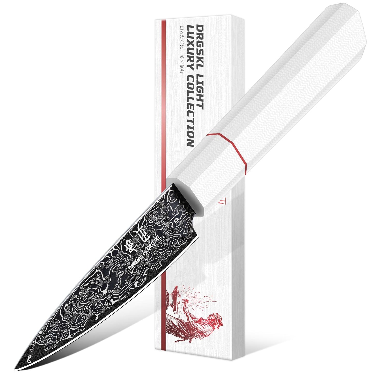 DRGSKL Damascus Fruit Knife 3.5 inch - VG10 Paring Knife for Precision Cutting - Small Kitchen Knives with Japanese G10 Handle - In Gift Box