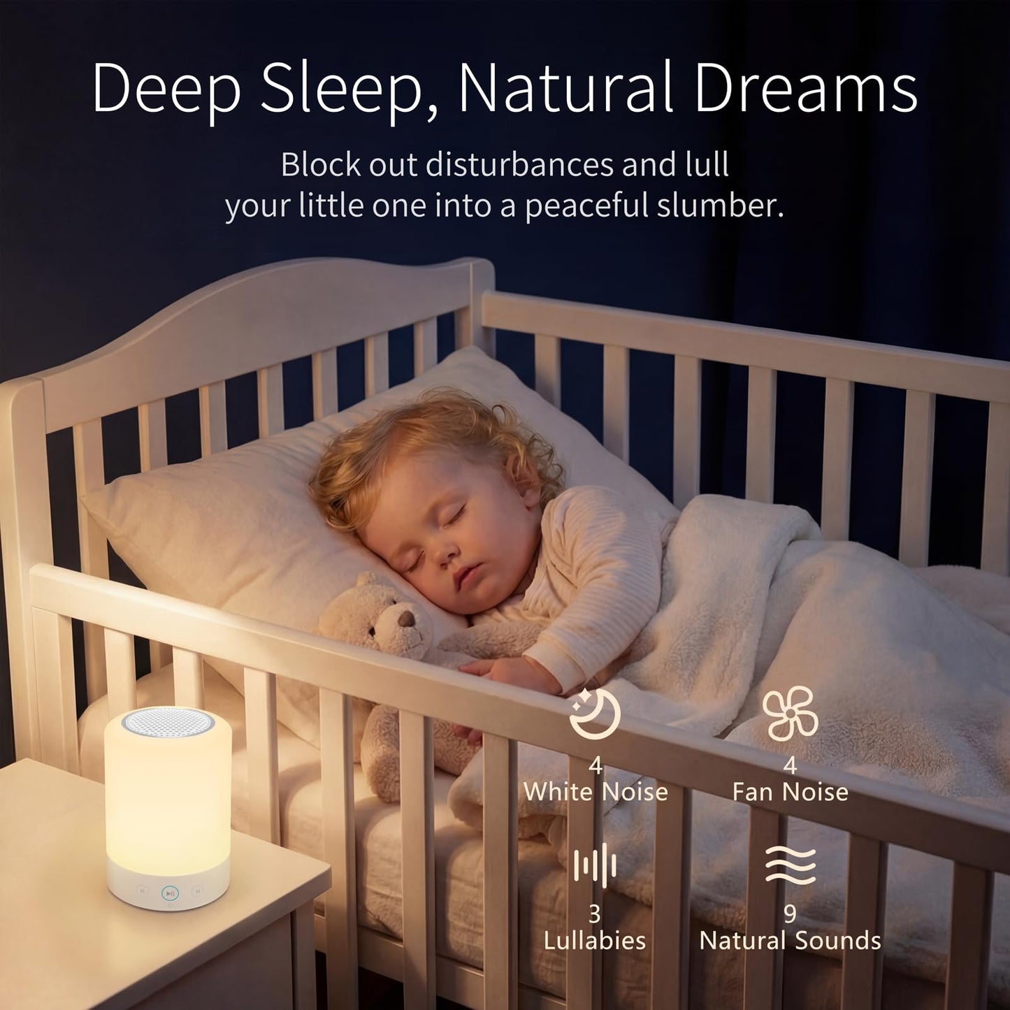 Night Lights, White Noise Machine – 20 Non-Looping Sleep Sounds, Rechargeable Battery, Touch Control, 6 Timers & Memory Function | Portable Sound Machine for Baby, Adults, Nursery, Travel