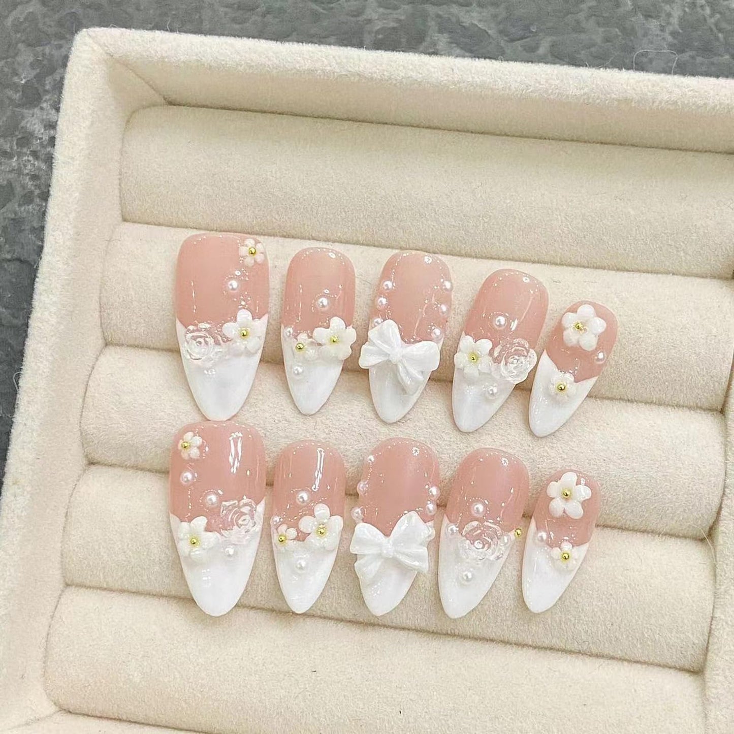 Yacey Handmade Wedding Press on Nails for Bride, Medium Almond Reusable False Nails Press Ons, 3D Sakura French Tip Thick Acrylic Fake Nails, Luxury Glossy Glue on Nails for Women Girls (10 Pcs, M)