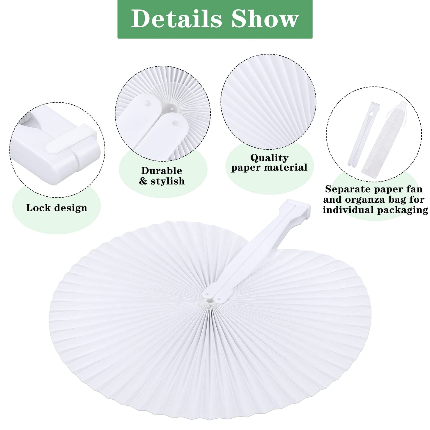 MCEAST 100 Pack Wedding Paper Fans Handheld Folding Fan White Round Shaped Folding Paper Fans Handheld Fan with Plastic Handle and Bags for Wedding Birthday Party Favors Supplies Home Decor