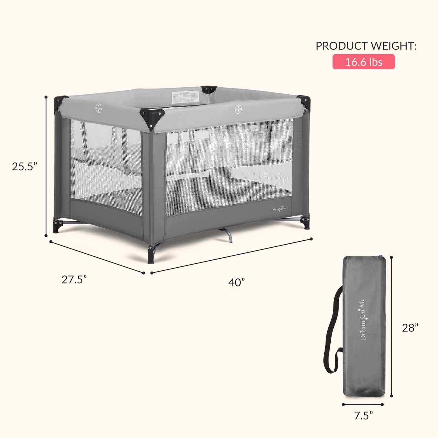 Dream On Me Zazzy Portable Playard with Bassinet - 360° Mesh Visibility, Quick Folding Travel Friendly Design, Carry Bag and Foldable Mattress Pad Included, Compact and Lightweight - Gray
