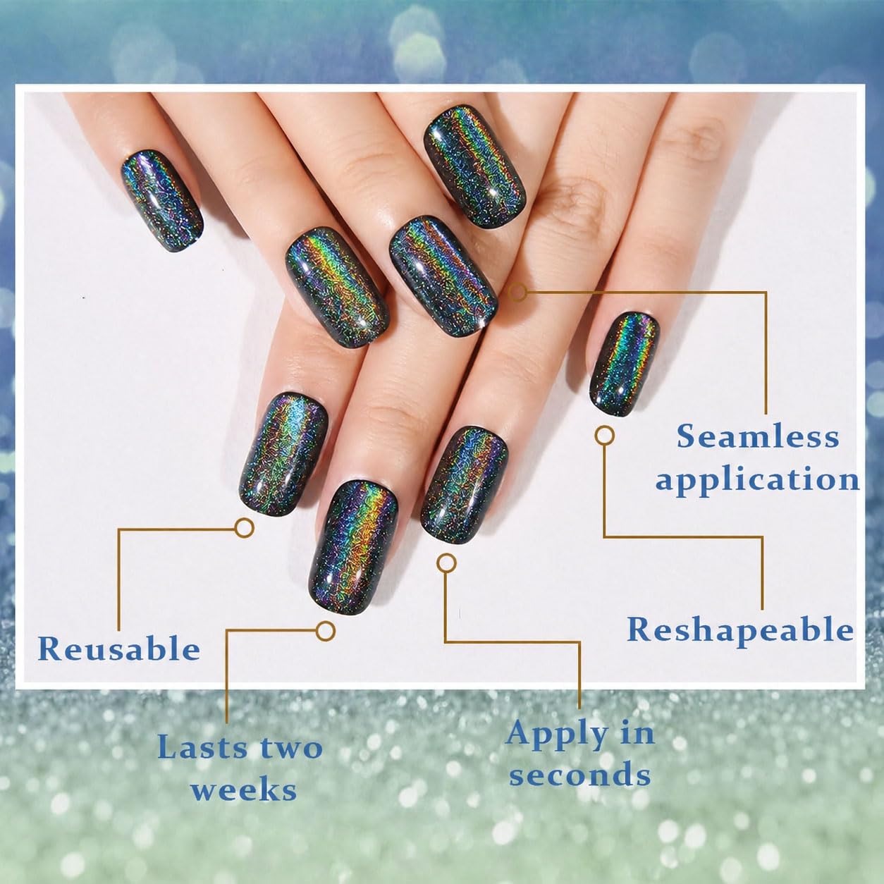 evpct Black Chrome Metallic Cat Eye Press on Nails Medium Square No Glue, Stick on Nails Medium Square for Women, Black Metallic Nail press ons, Iridescent Glitter Halloween Acrylic Fake Press on Nail