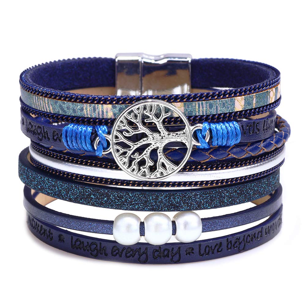 Fesciory Leopard Bracelet for Women, Boho Leather Wrap Multi-Layer Pearl Crystal Bracelet Bangle Jewelry(Tree of Life(Blue))