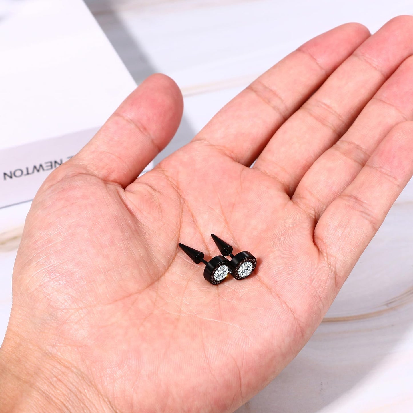 Aroncent Mens Stud Spiked Earrings: Stainless Steel Round Roman Numerals White Gold 9mm Hypoallergenic Black Cubic Zirconia Stud Earrings for Men Women