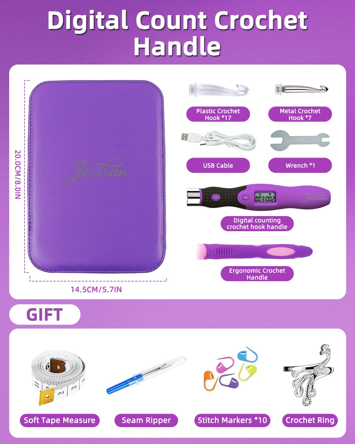 Upgraded Counting Crochet Hook Set - 24-in-1 Interchangeable Hooks Kit - Light Up, Digital Stitch & Row Counter- No Need to Move Fingers- Ergonomic for Arthritic Hands - Cool Gift