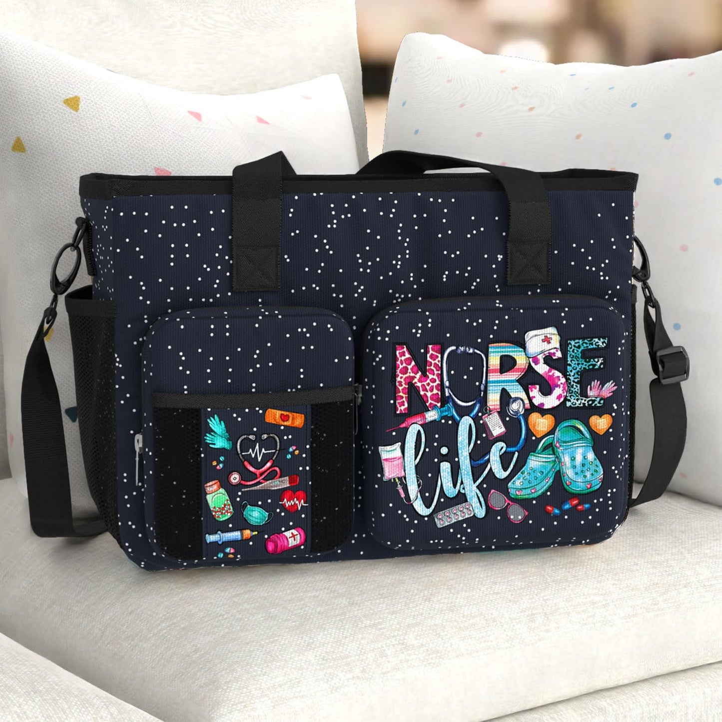 84hoods Nurse Work Bag with Large Compartments, Padded Laptop Storage and Multiple Pockets. Waterproof Nurse Bag for Work. Shoulder Bag Nurse Tote Bag. Nurse Life Galaxy.