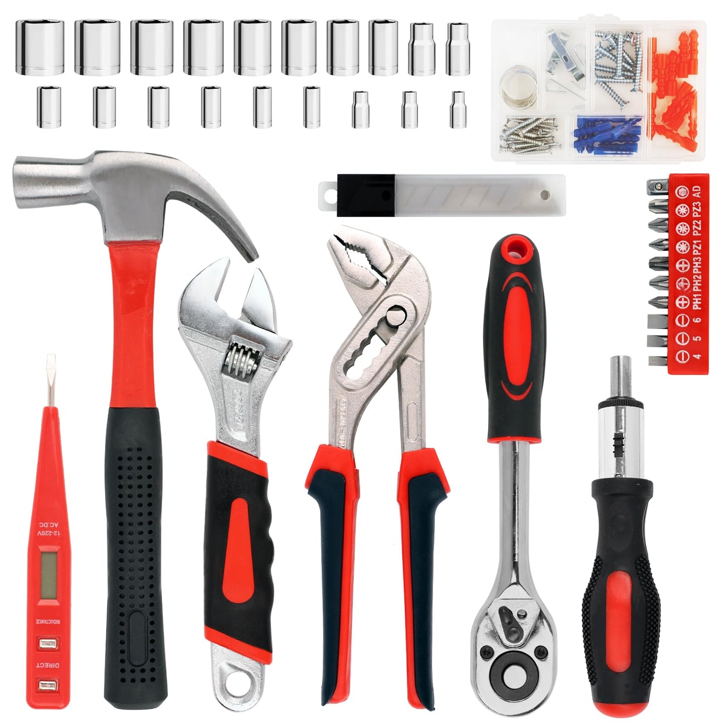 Yougfin 120 Piece Basic Tool Set General Household Hand Kit with Plastic Toolbox Storage Case Red & Black for Men &Women