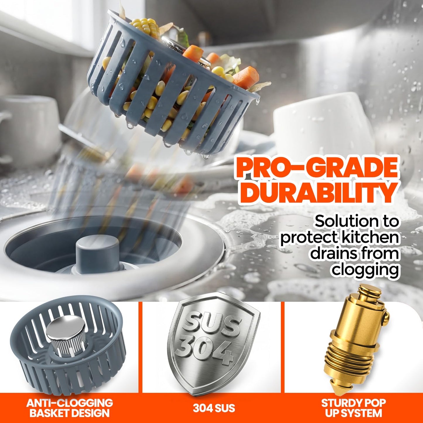 Nipoko 2 Pack Sink Drain Strainer - Sink Stopper, 3 in 1 Stainless Steel Kitchen Drain Plug with Deep Anti-Clog Basket and Odor-Blocking Seal, Pop-Up Design Fits Standard 3-1/2 Inch Sink