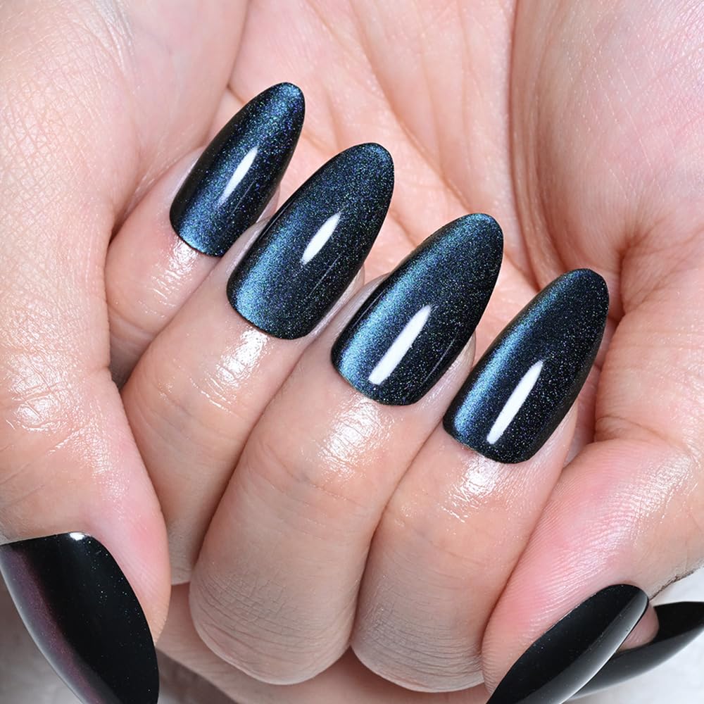 evpct Chameleon Teal Cat Eye Chrome Press on Nails Almond Medium No Glue, Holographic Medium Almond Stick on Fake Nail for Women, Glossy Cat Eye Effect, Perfectly Fit Salon-quality Soft False Nail