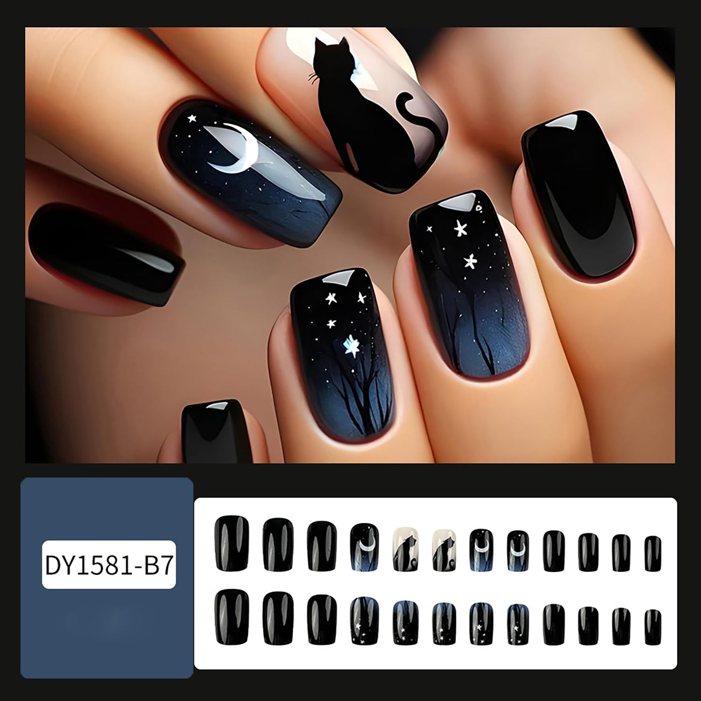 Press On Nails Medium Square Cute Cartoon Cat Stick On Black Sky Gradient Coffin Acrylic Full Cover Artificial Reusable Glue On for Women 24Pcs