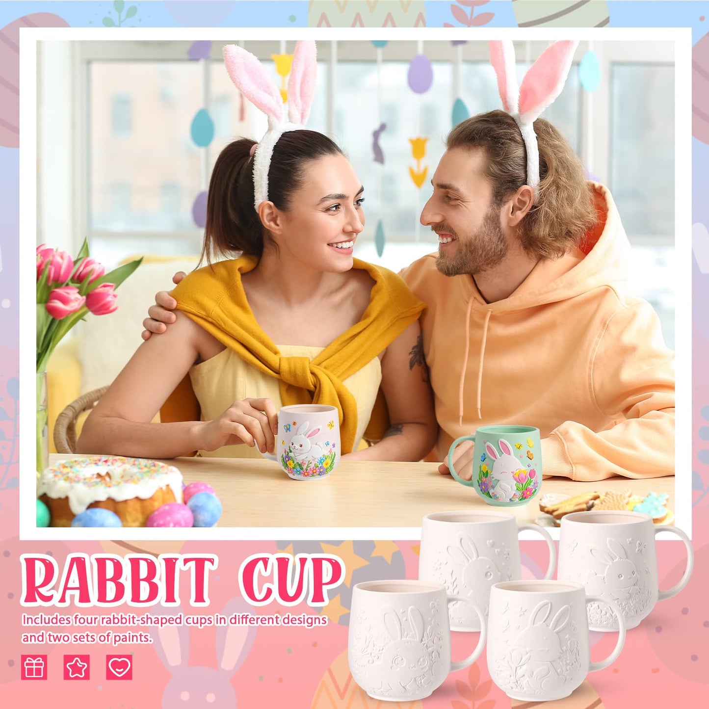 Zubebe 4 Sets Easter Paint Your Own Mugs Craft Kit, Bunny Ceramic to Paint, DIY Mugs for Adults, Festive Coffee Tea Cup for Adults with Painting Set for Easter Basket Stuffers Family Party Favors Gift