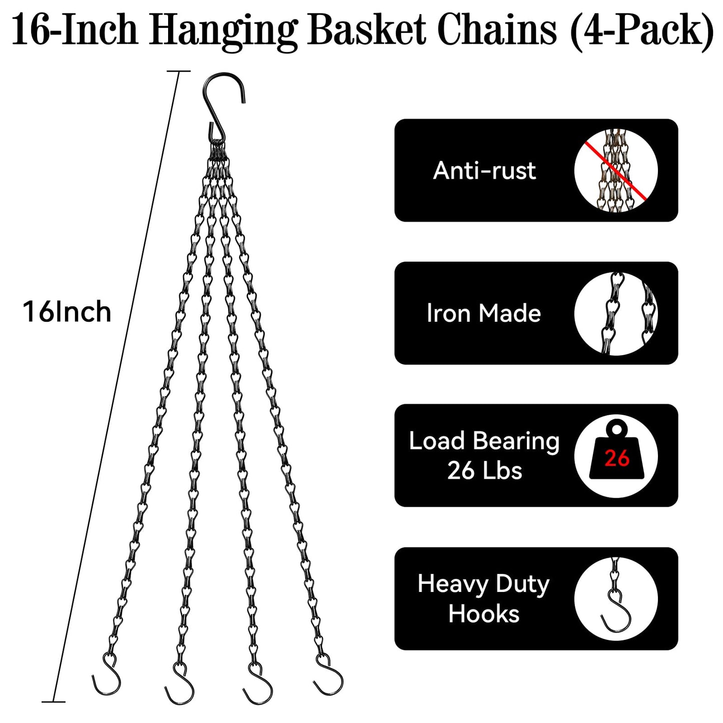 ZeeDix 4 Pack, 16 Inch Hanging Basket Chain with Hooks, Black Metal Planter Flower Pot Chain for Hanging Plants Outdoor, Adjustable Replacement Chain for Lanterns, Bird Feeders and Flowers