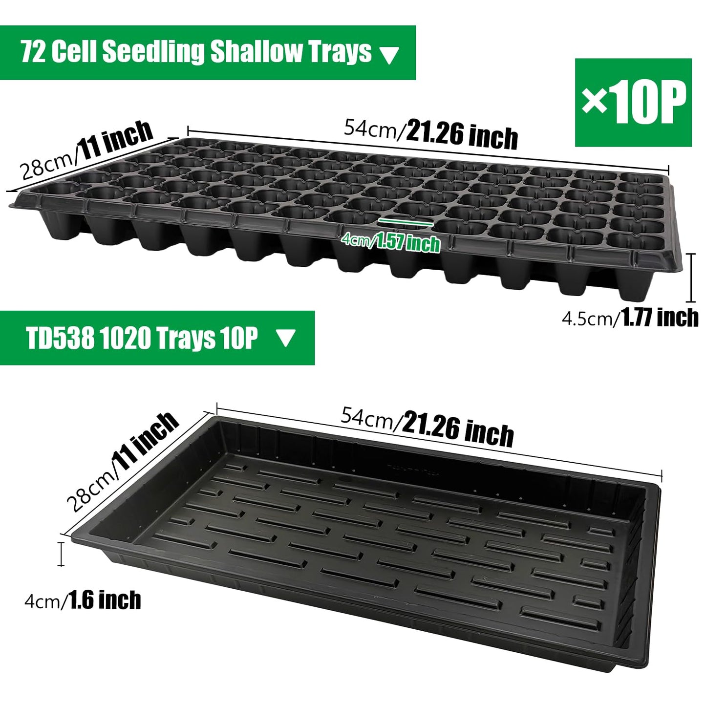 RooTrimmer 10 Pack 1020 Seed Starter Trays and 10 Pcs 72 Cell Plug Trays, Thick Durable Seedling Plastic Nursery Tray for TD538 1020 Tray Germination (10 Sets)