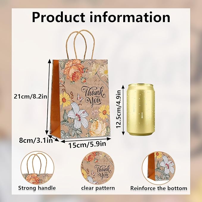 piqiya 24pcs Vintage Floral Gift Bags,Thank You Kraft Paper Bags with Handles for Friend Teacher Mom,Colorful Flower Pattern Bag for Gifting,Birthday,Gratitude,Party Goody Treat Bag