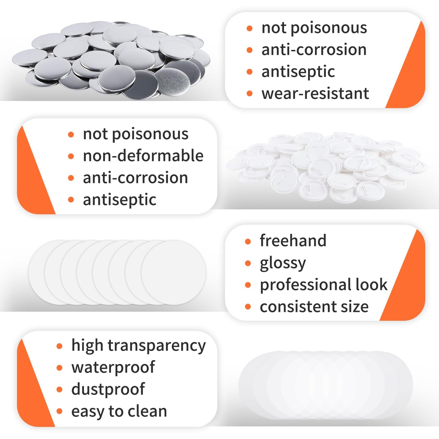 200 Sets 58mm/2.25 inch Button Maker Supplies, Pin Back Button Parts for Button Maker Machine 58mm, Including Metal Covers, Plastic Back Covers, Clear Plastic Film&Blank Paper