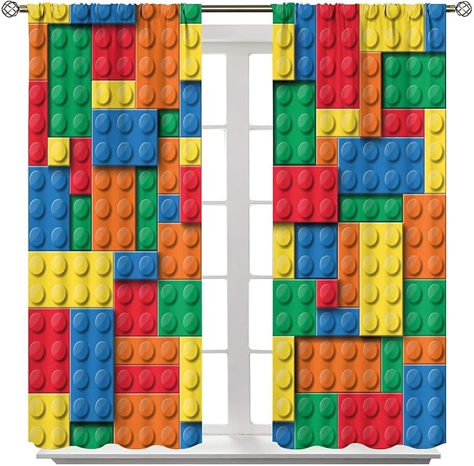 Building Block Toy Curtain Rod Pocket Children's Nursery Abstract Outline Colorful Toy Cartoon Theme Brick Geometric Print Curtain, Blackout Curtain for Boys and Girls Room 42x45in