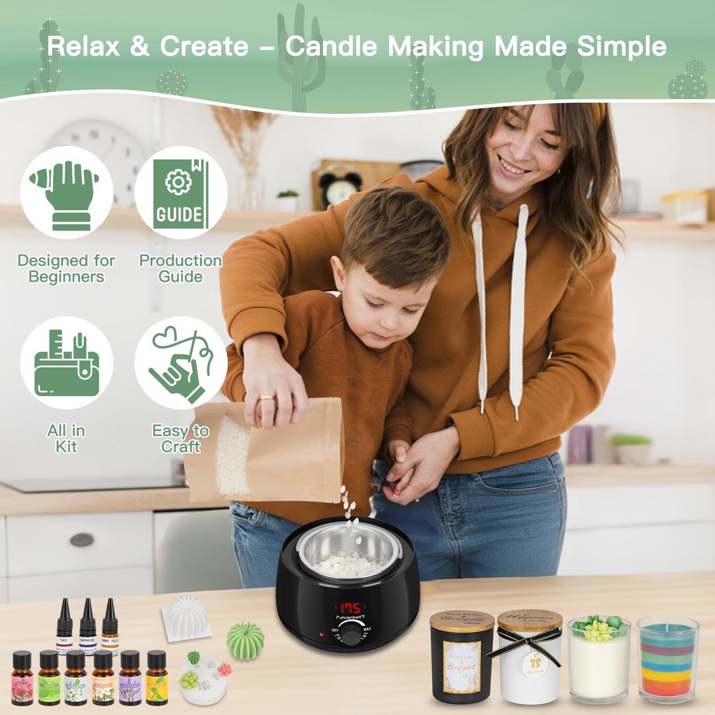 ZEROMX Candle Making Kit for Adults & Beginners - All-in-One DIY Candle Supplies with 1200g Natural Soy Wax, Hot Plate, 2 Succulent Molds, 8 Jars & Gift Boxes | Perfect for Home Crafts & Gifting