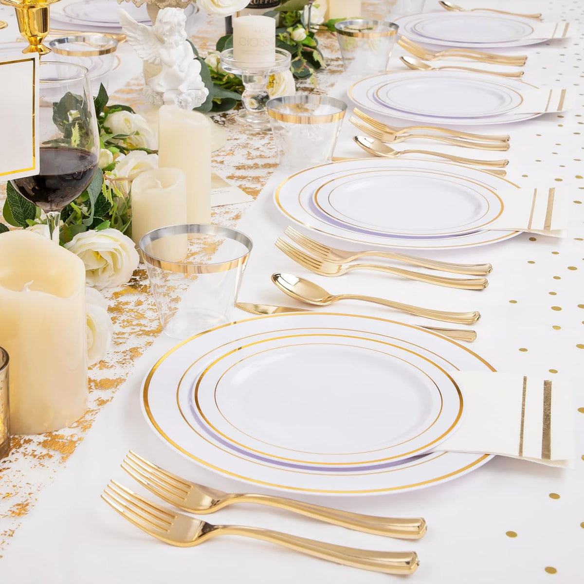 GATHER 176 Pieces Gold Dinnerware Disposable - White and Gold Plastic Plates Includes 50 Plates, 25 Plastic Silverware, 25 Napkins, 25 Cups and 1 Tablecloth for Wedding Party Thanksgiving