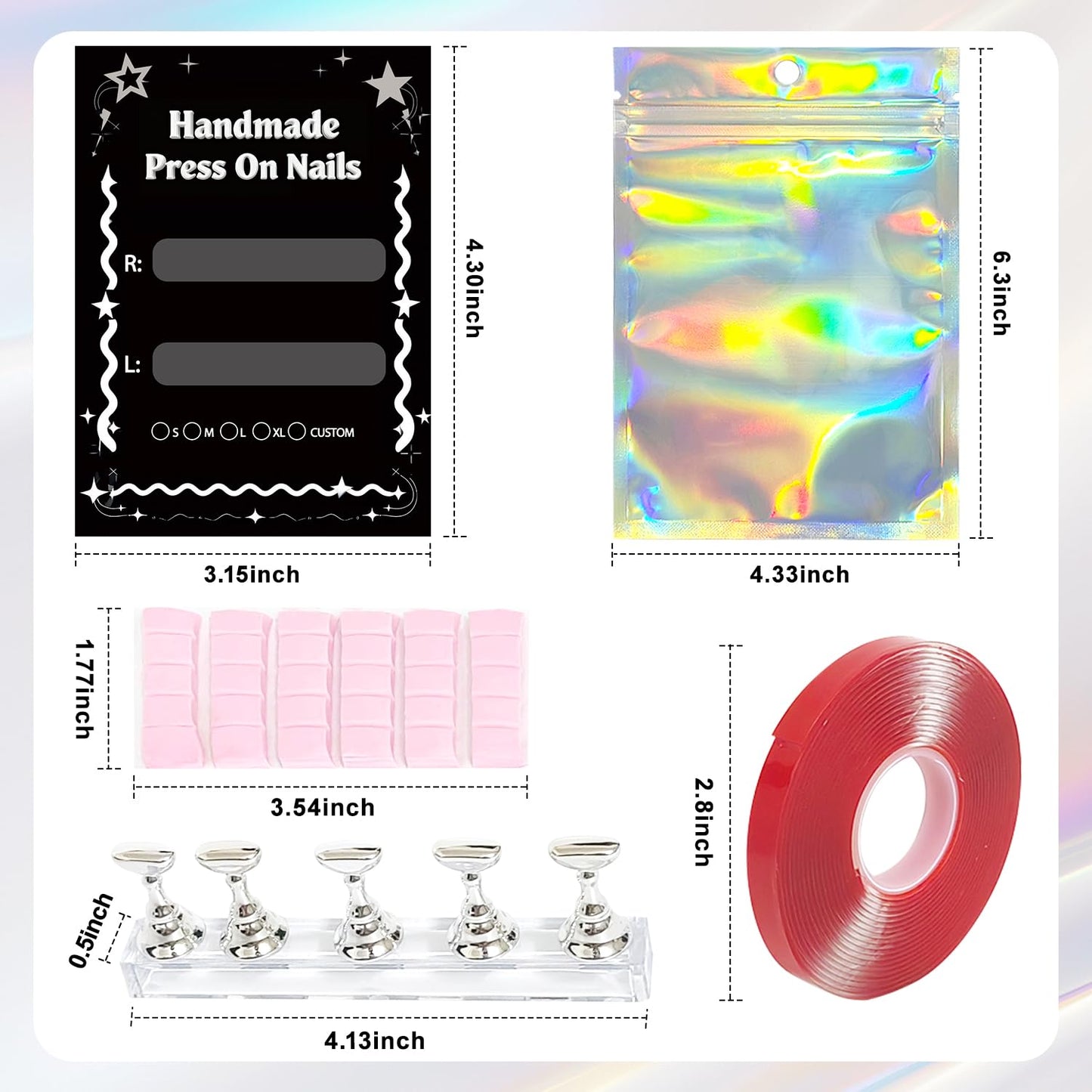 Press On Nail Packaging Kit, 50pcs Nail Instruction Display Cardboard, 50 Packaging Bag, 2pcs Display Stand, Adhesive Putty, Transparent Tape for Handmade Nails Business (50pcs black+ nail stand)