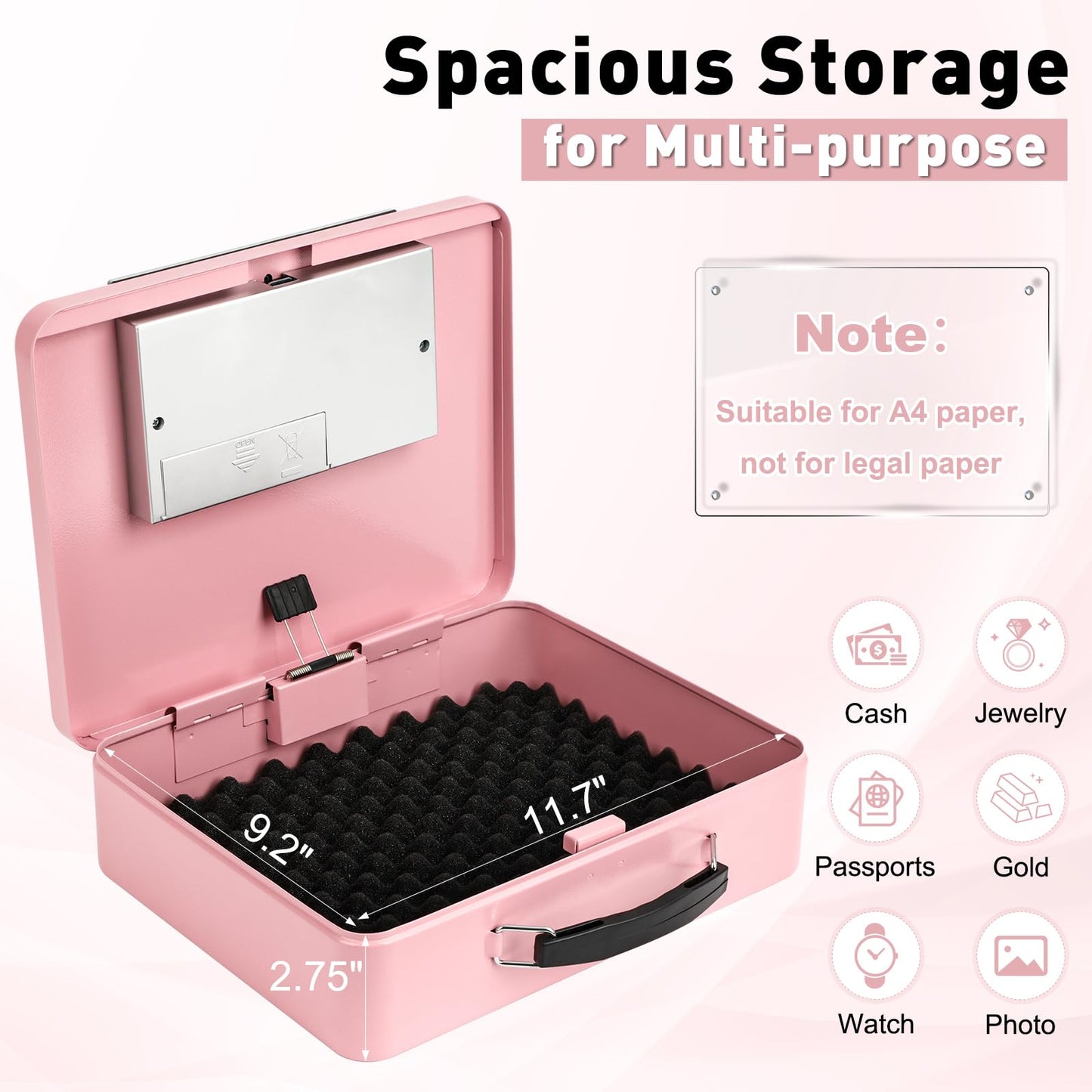 KYODOLED Pink Safe Box with Digital Keypad Lock, Lock Box with Code for Personal Items, Metal Security Box for Cash, Passport, Jewelry, Ideal for Home, Office, Garage Sale, 11.8'' x 9.4'' x 3.5''