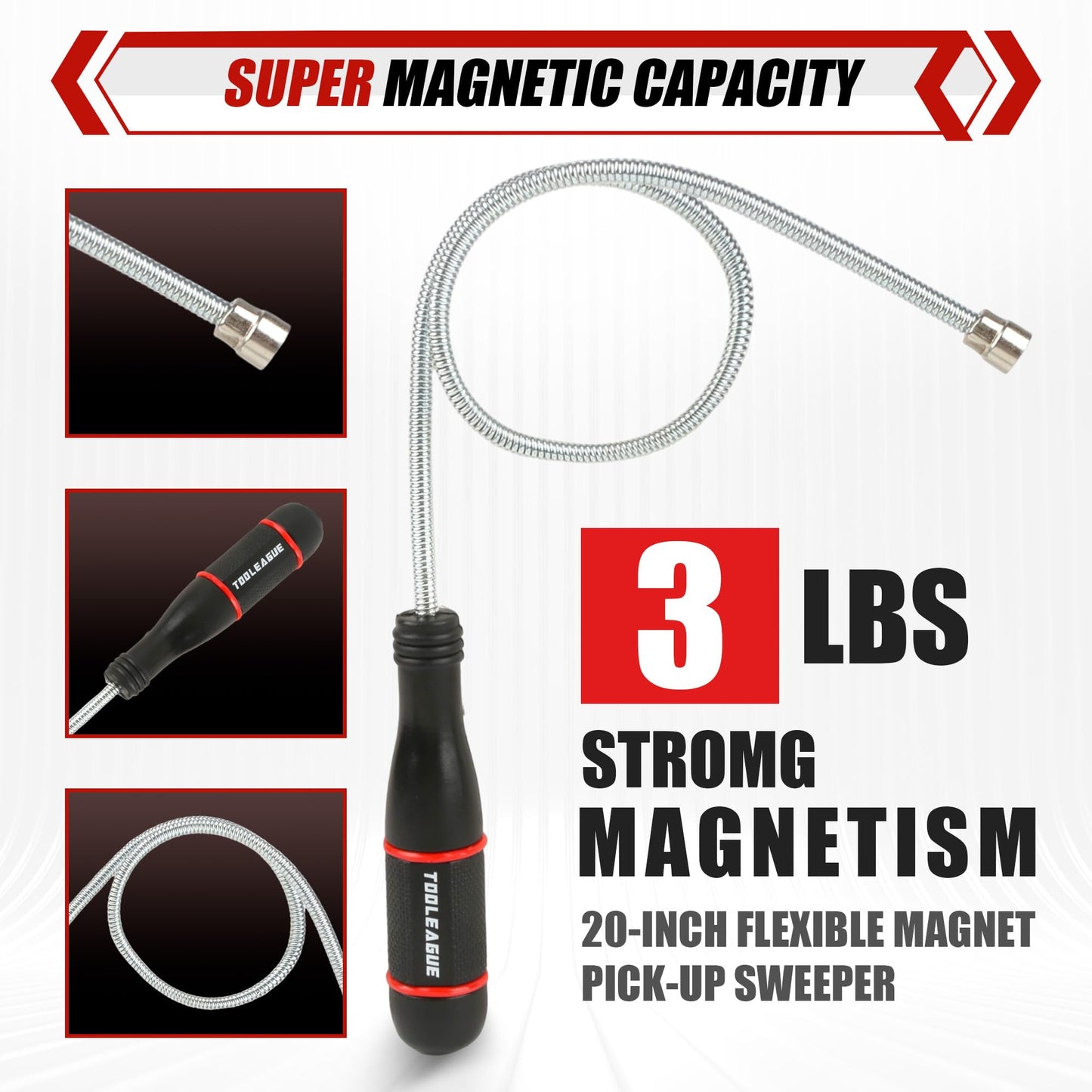 TOOLEAGUE 7Pcs Telescoping Magnetic Pickup Tool Set, Extendable LED Flashlight,Round & Square 360° Inspection Mirror for Men Mechanics, and Handymen, Red