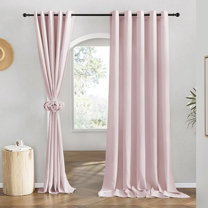 NICETOWN Blush Pink Linen Curtains for Kitchen, Thick Flax Small Window Treatments Semi Sheer Privacy Assured with Light Through for Cafe/Bathroom, W68 x L84, 2 Panels