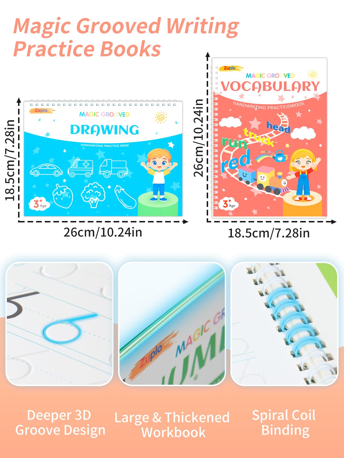 Zuplo Magic Grooved Writing Practice for Kids Ages 3-8, Reusable Handwriting Workbooks for Preschool Learning, Letters Numbers Math & Drawing Tracing Books with Disappearing Ink Pens, Educational Gift