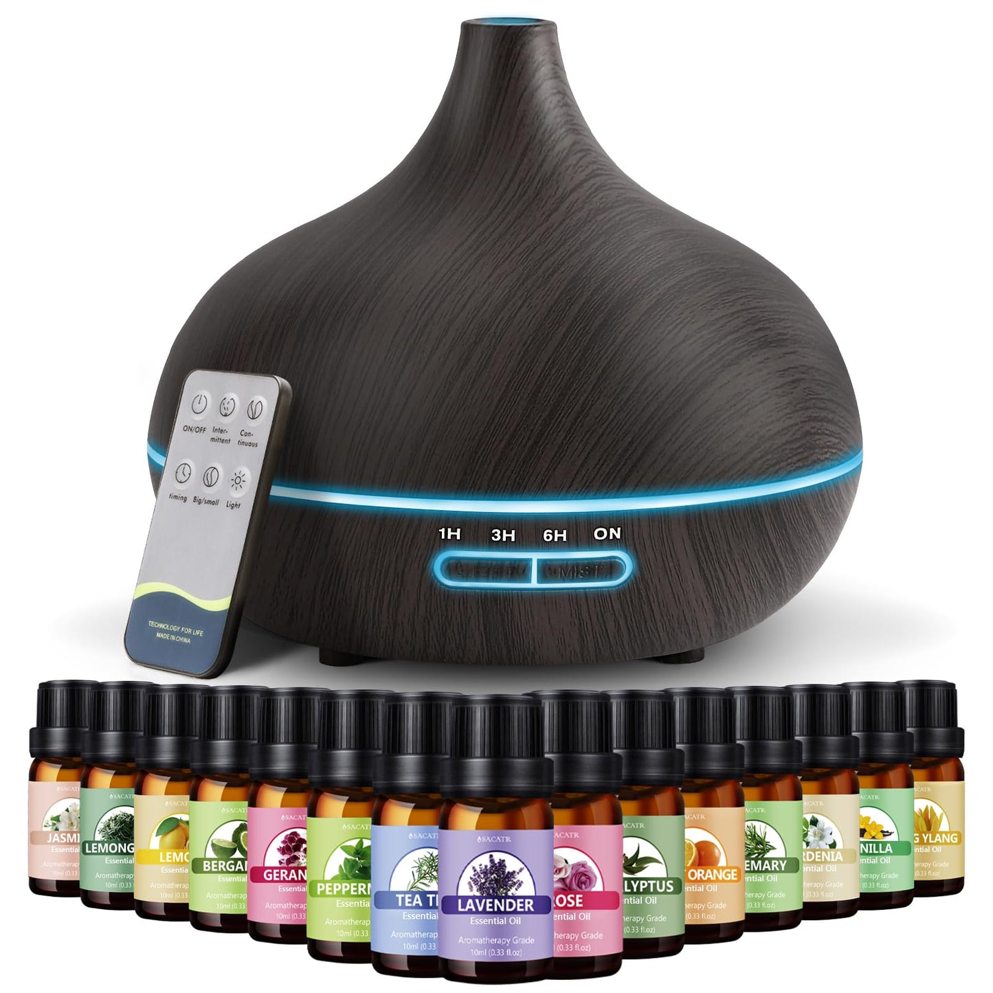 SACATR 550ml Oil Diffuser with 15x10mL Essential Oils, Ultrasonic Technology, Remote Control for Home Office