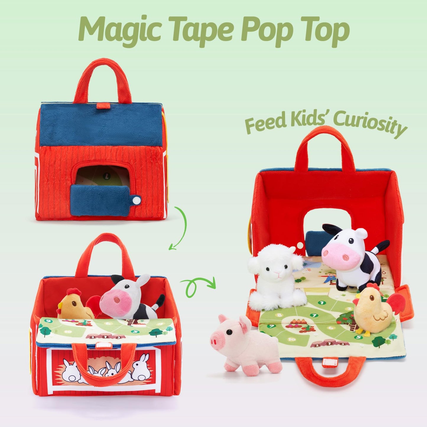 OUOZZZ Farm Stuffed Animals Toys Set for Toddlers 1 2 3 Year Old Soft Plush Playhouse with Sensory Tractor, Animal Friends with Bell Sound & Activity Mat – Portable Toy Gift for Baby Boys & Girls 9.4"