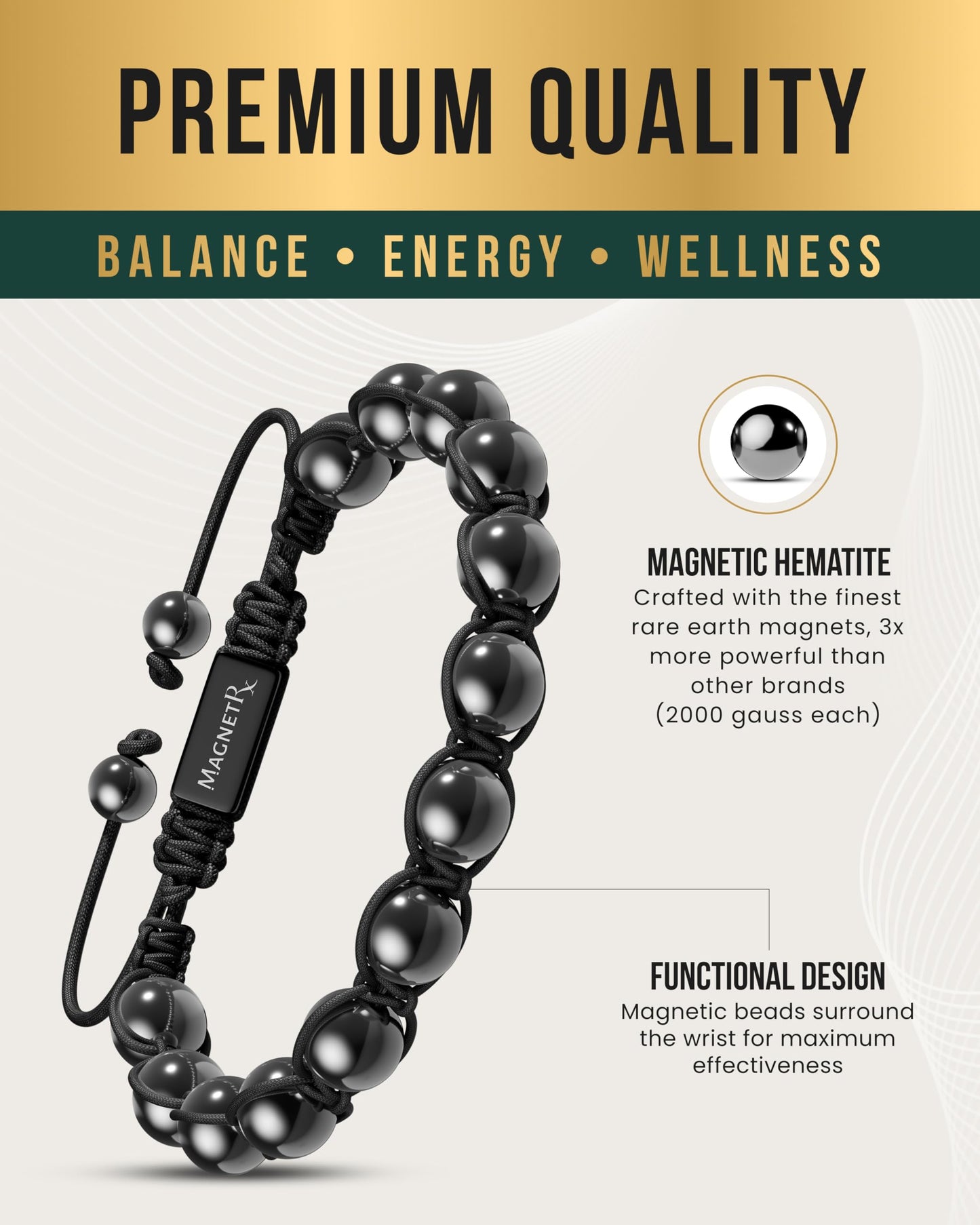 MagnetRX Magnetic Hematite Bracelet - Max Strength Magnet Stones - Magnetic Beaded Bracelets for Men and Women (Bali 8mm Bead)