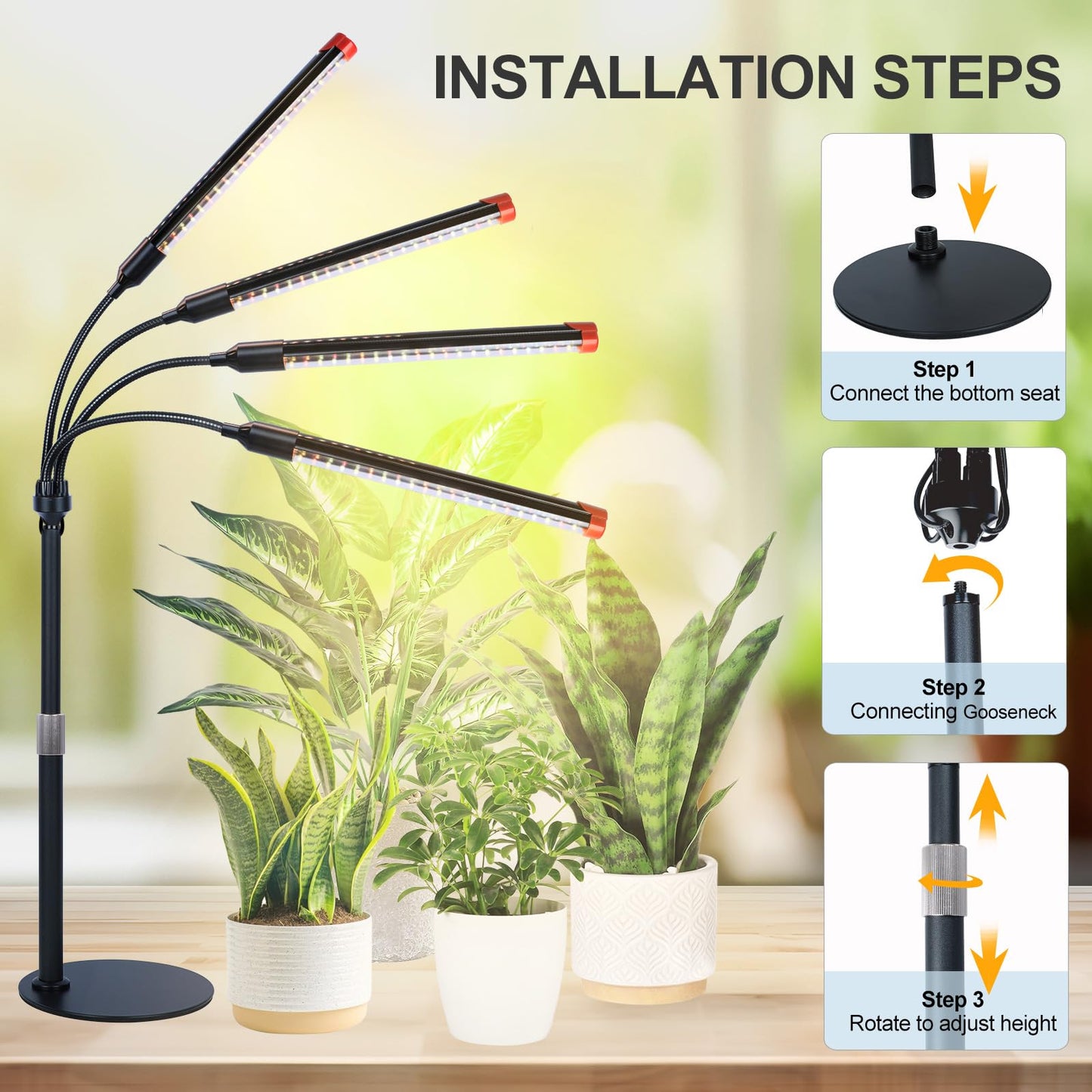 GroCruiser 4Head Tabletop Grow Lights for Indoor Plants, Seed Starting, Bonsai, 4/8/12/16/20H Timer, 36 Watt Power Draw, NO Need Adapter, Bright and Big Coverage, Best Gift for Plants Lover