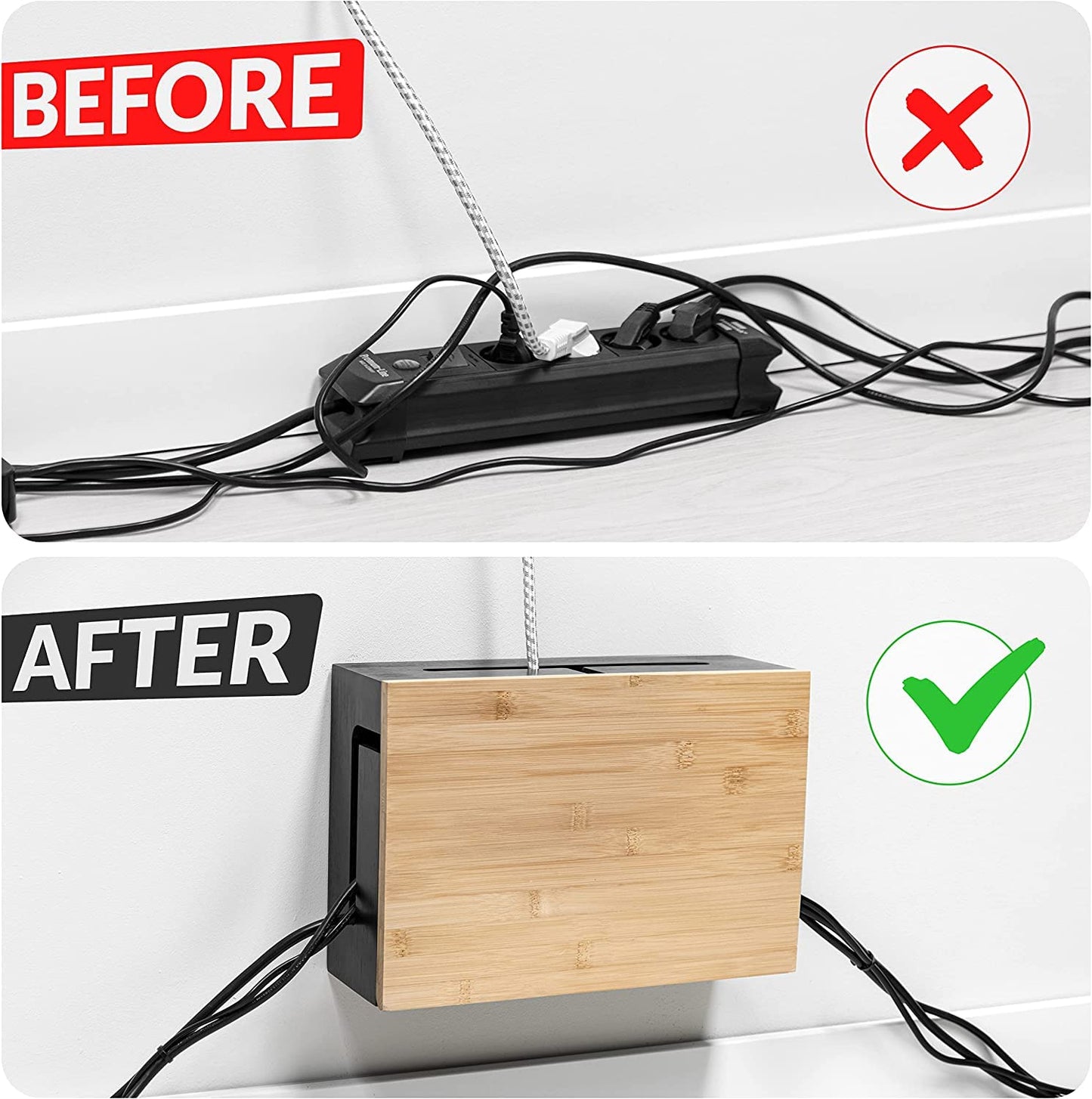 Bamboo Cable Management Box with Magnetic Lid - 12,6x7,8x4.3 in - Durable Cable Organizer to Hide Cords & Power Strip - Wall Mountable - Including Hardware - for Home, Office, Desk & More (White)