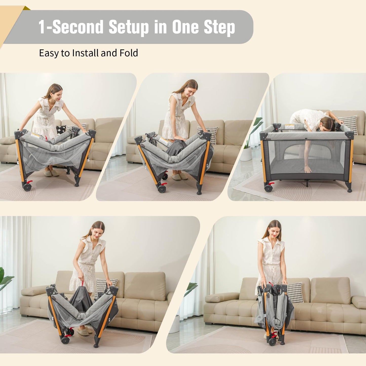 Baby Bassinet 5 in 1 Pack and Play,Baby Crib Adjustable Beside Sleeper One-Second &One-Hand Setup,Portable Playard Foldable Playpen for Newborn,Babies and Toddlers with Changing Table,Mattress (Grey)