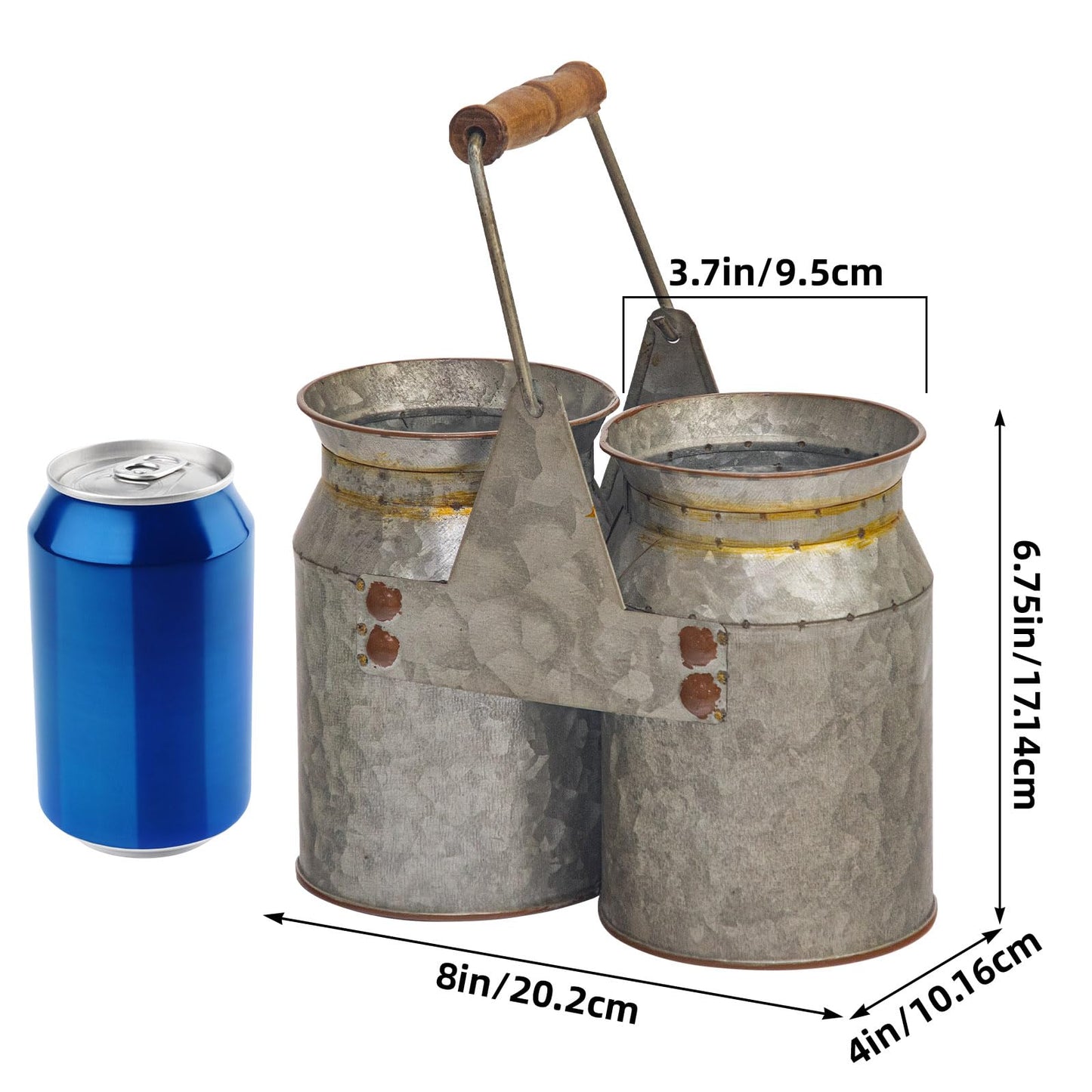 UPPER DECOR Set of 2 Rustic Galvanized Utensil Holders with Handles, Farmhouse Kitchen Crocks for Spoons, Forks & Knives, Countertop Organizer Buckets for Rustic Farmhouse Decor, 8"x4"x6.75"