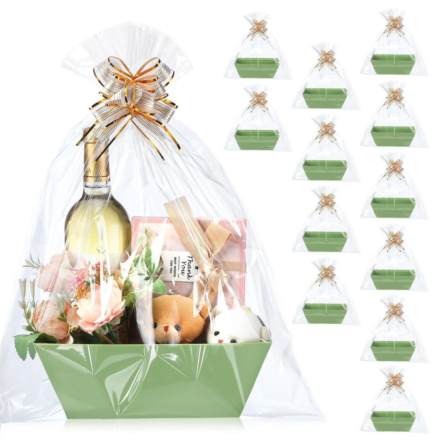 Thenshop 44 Pcs Basket for Gifts Empty Gift Basket Bulk Include 12 Cardboard Tray 12 Plastic Bags and 20 Pull Bows for Christmas Fall Halloween Birthday Wedding Party DIY Wrapping(Solid,Sage Green)
