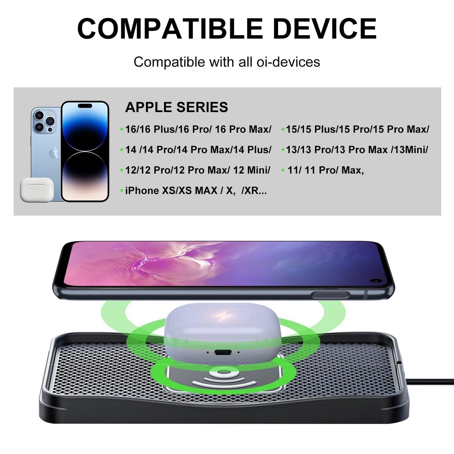 Wireless Car Charger, 15W Max Wireless Charger for Car, Non-Slip Charging Pad Compatible with iPhone 17/16/15/14/13/12, Samsung Galaxy S25-S9 (Type-C)