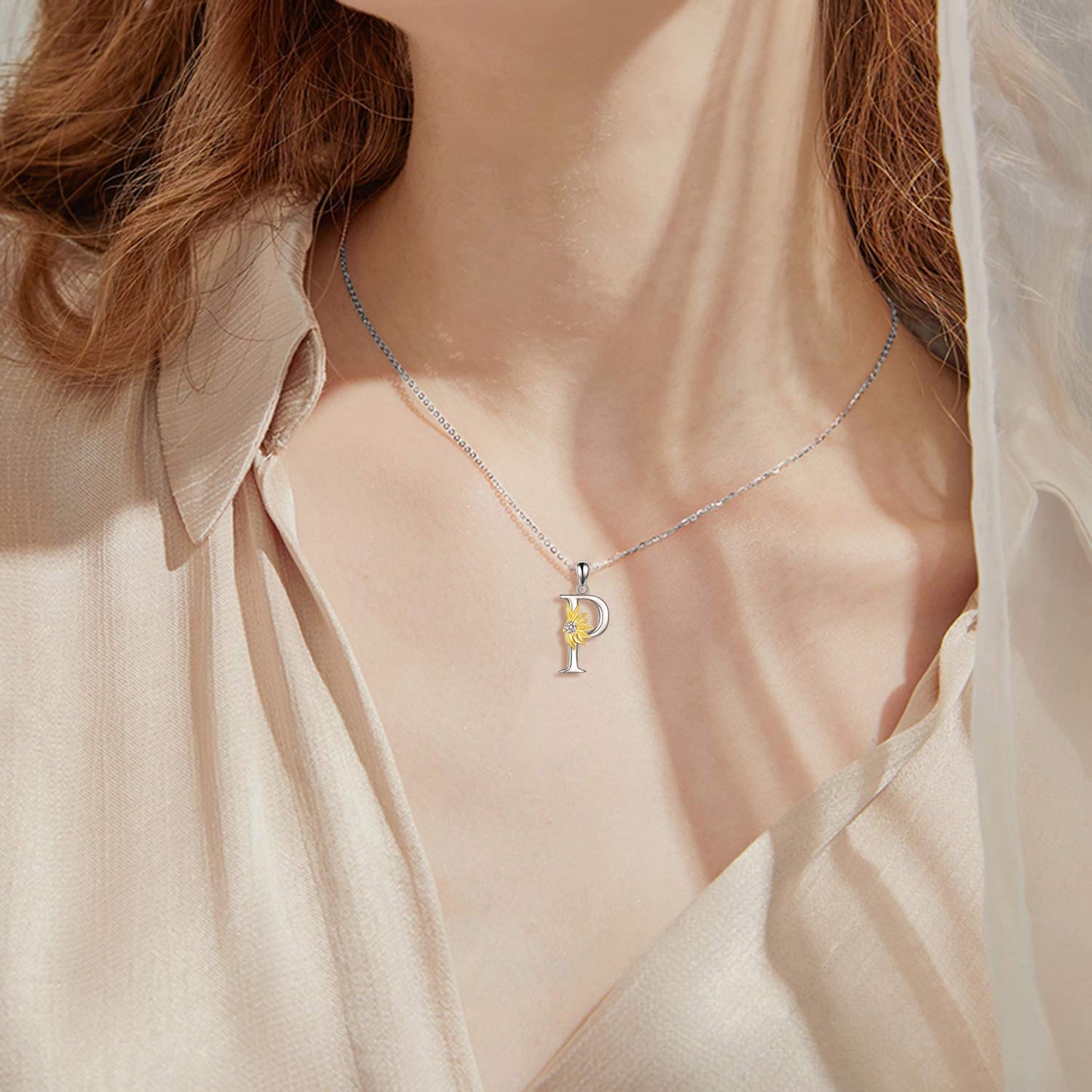 POPLYKE Sterling Silver Initial Alphabet Letter Script Name Pendant Chain Necklace for Women for (Sunflower P)