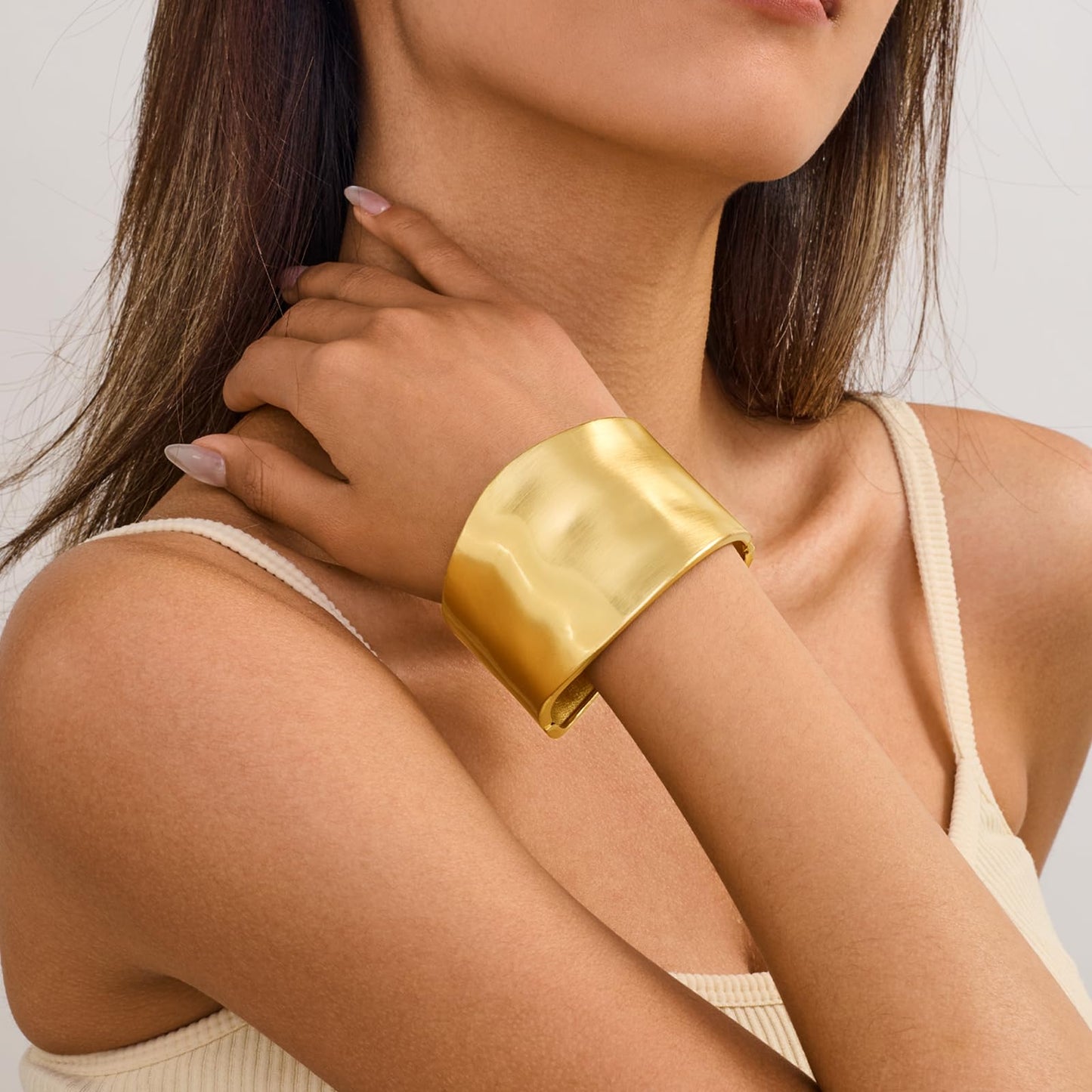Wide Brushed Golden Cuff Bracelet for Women Statement Thicked Matte 14k Gold Plated Bangle Bracelet Chunky Big Open Cuff Bracelet
