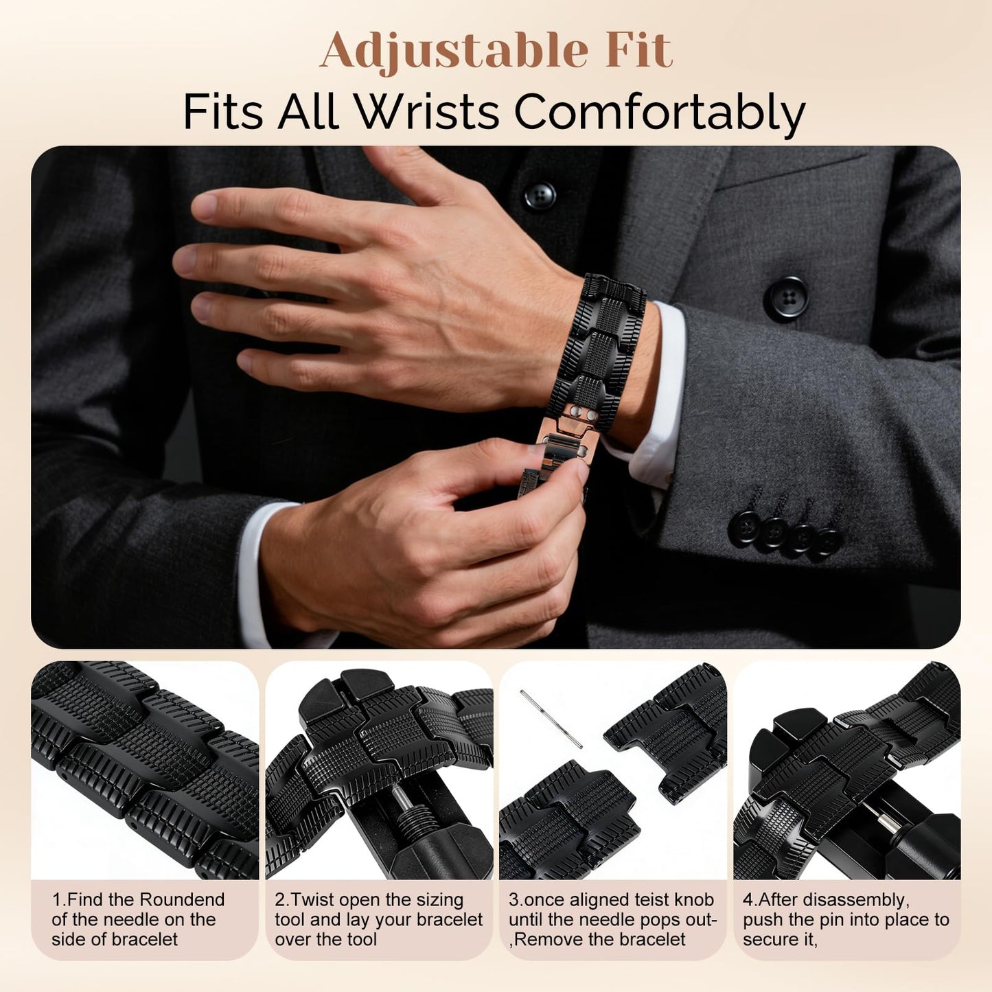 JEROOT Men's 99.99% Pure Copper Magnetic Bracelet, 3500 Gauss Magnets Adjustable with Sizing Tool
