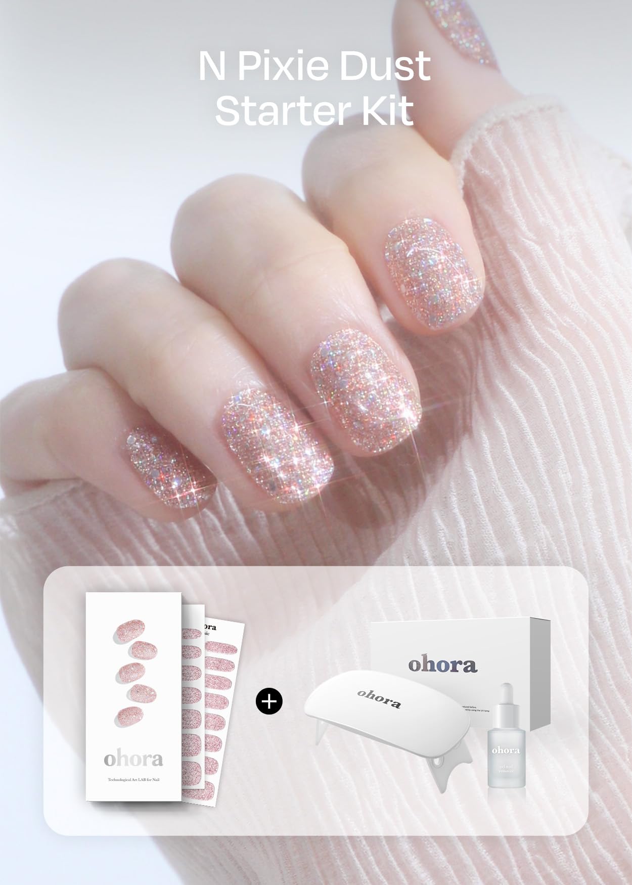 ohora Semi-Cured Gel Nail Strips Value Set (N Pixie Dust Starter Kit) Includes Full Size Lamp and Mini Remover, Salon-Quality, Long Lasting, Easy to Apply & Remove