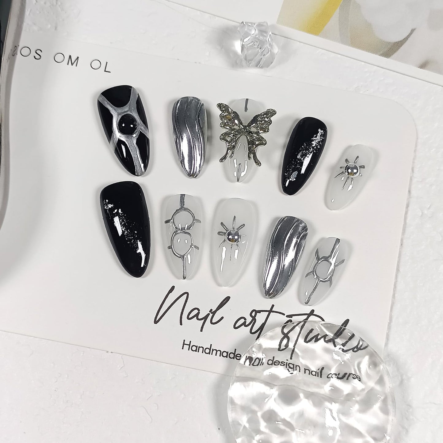 TENPAL Metallic Press on Nails Medium Almond,Punk Goth Fake Nails with 3D Butterfly,Glitter Y2K Metallic Geometric False Nails with Hand-Painted Waves,Soft Gel Black Silver Chrome Nails(M,Black)