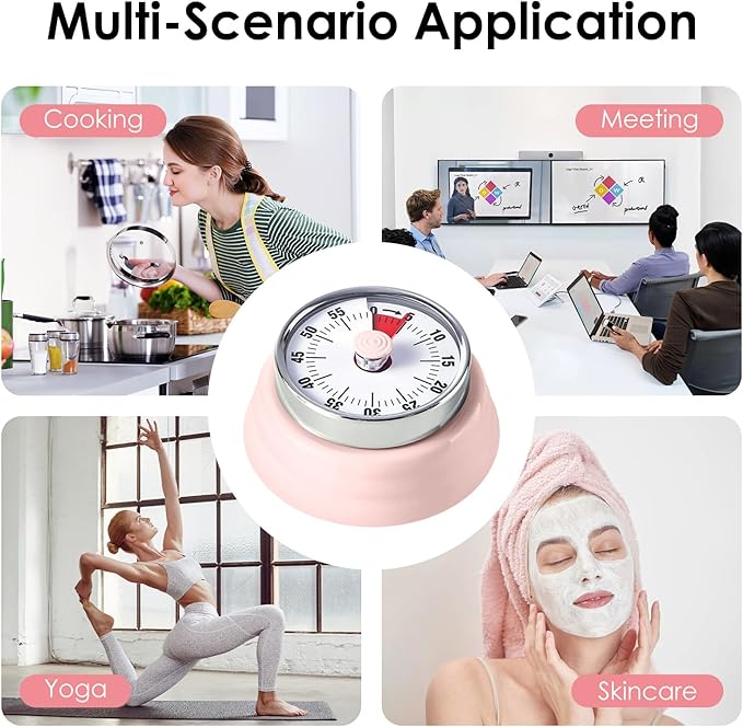 Visual Timer, Teeloray 60-Minute Countdown Timer, Kitchen Timer with Magnetic Base, Mechanical Clockwork, Ringer Alert, Time Management Tool for Children and Adults, Study/Work/Cooking (Pink)